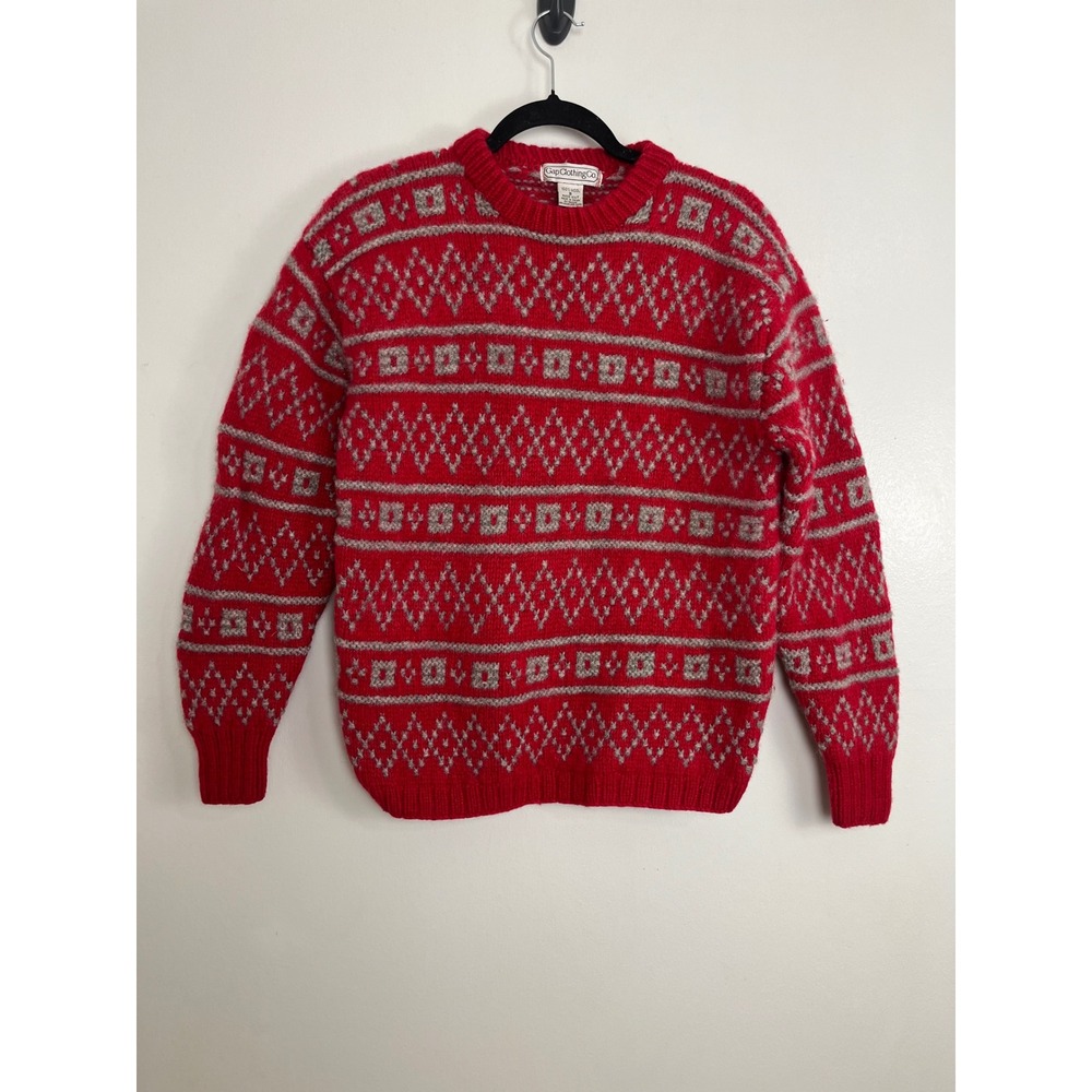 Vintage Nordic Hand Knit Sweater Small Red Wool Fair Isle old money collegiate